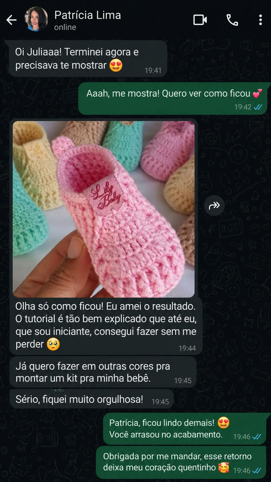 Feedback recebido por WhatsApp sobre o curso