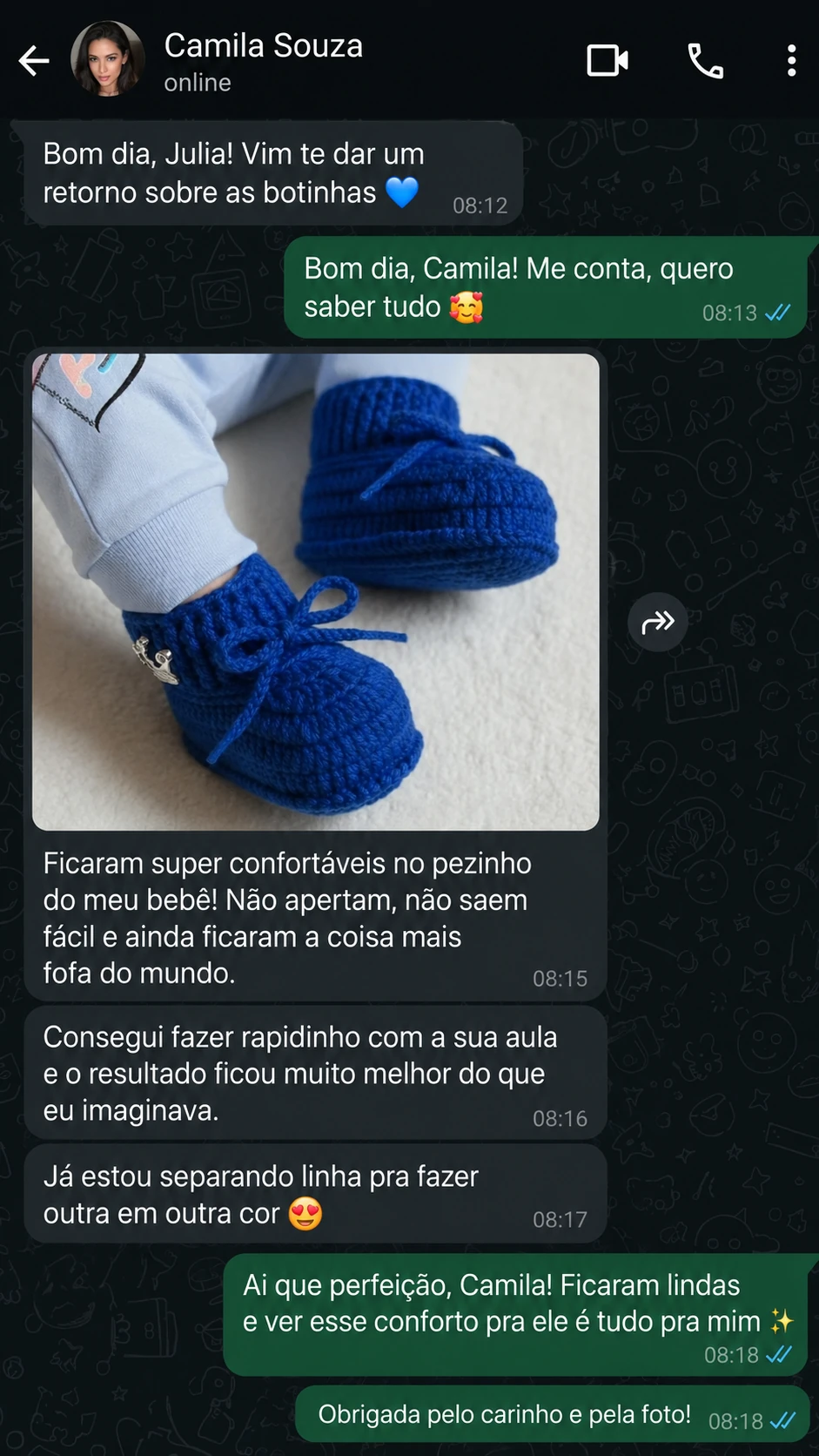Feedback recebido por WhatsApp mostrando sapatinhos de crochê